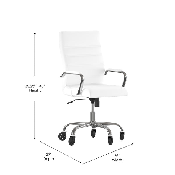 White LeatherSoft/Chrome Frame |#| Executive Chair with Chrome Frame & Arms on Skate Wheels - White LeatherSoft