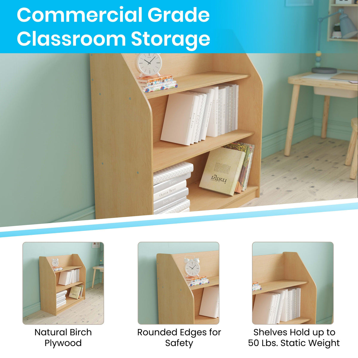 Kid Friendly Wooden Bookshelf in Natural Finish with 3 Display Shelves