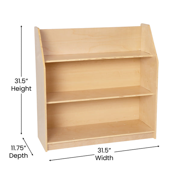 Kid Friendly Wooden Bookshelf in Natural Finish with 3 Display Shelves