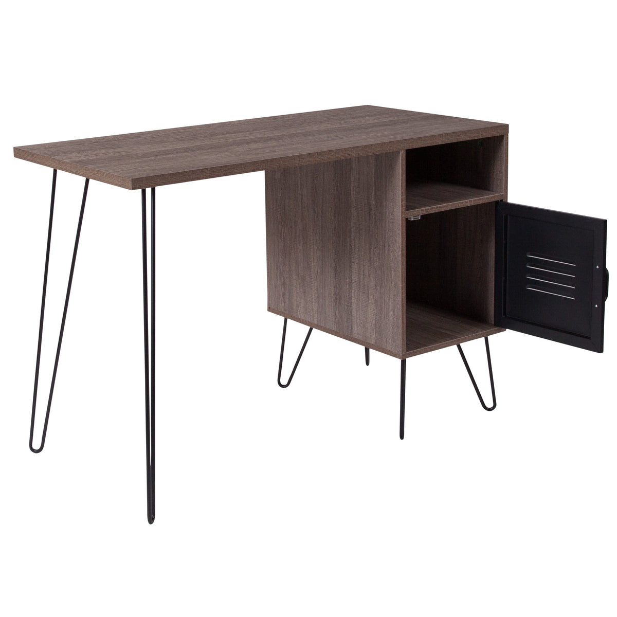 Rustic Wood Finish Computer Desk with Metal Cabinet Door and Black Metal Legs