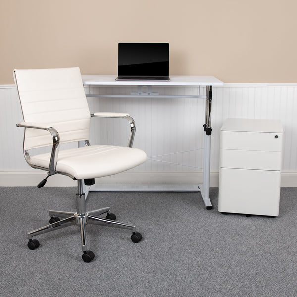 3PC White Office Set-Adjustable Desk, LeatherSoft Office Chair, Filing Cabinet
