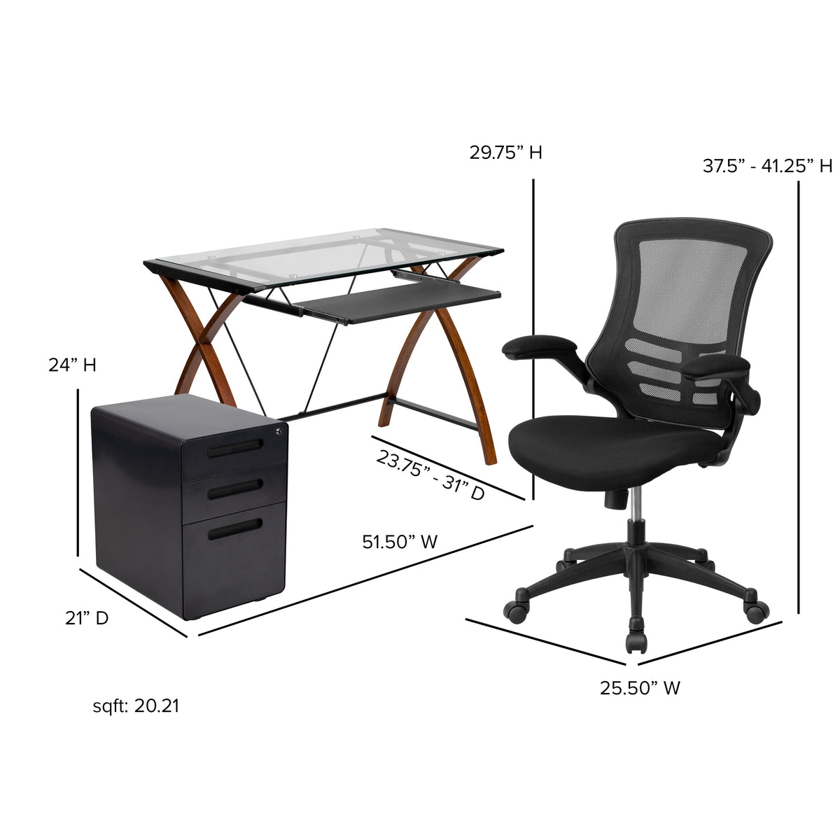 3PC Office Set-Glass Computer Desk, Ergonomic Mesh Office Chair, Filing Cabinet