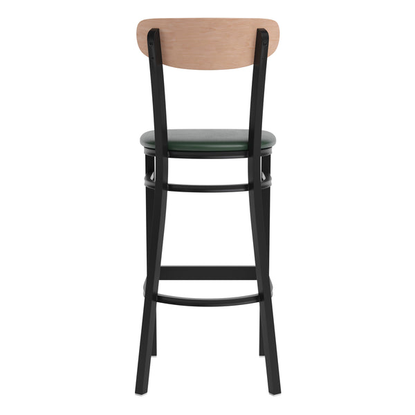 Natural Birch Wood Back/Green Vinyl Seat |#| Commercial Metal Barstool with Vinyl Seat and Wood Boomerang Back-Green/Natural