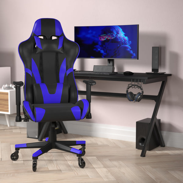Blue |#| Office Gaming Chair with Roller Wheels & Reclining Back - Blue LeatherSoft
