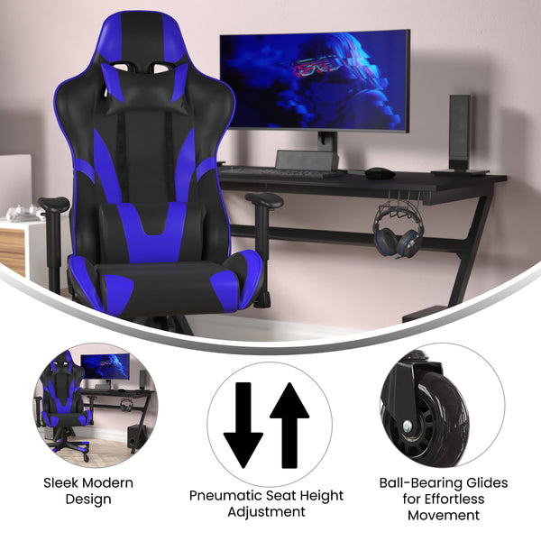 Blue |#| Office Gaming Chair with Roller Wheels & Reclining Back - Blue LeatherSoft