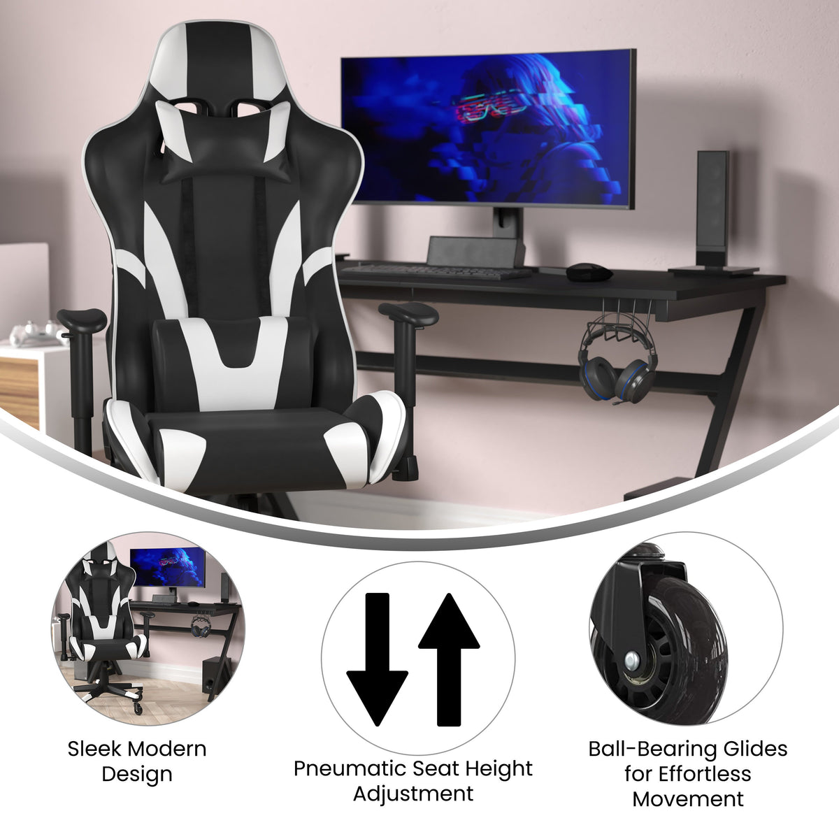 Black |#| Office Gaming Chair with Roller Wheels & Reclining Back - Black LeatherSoft