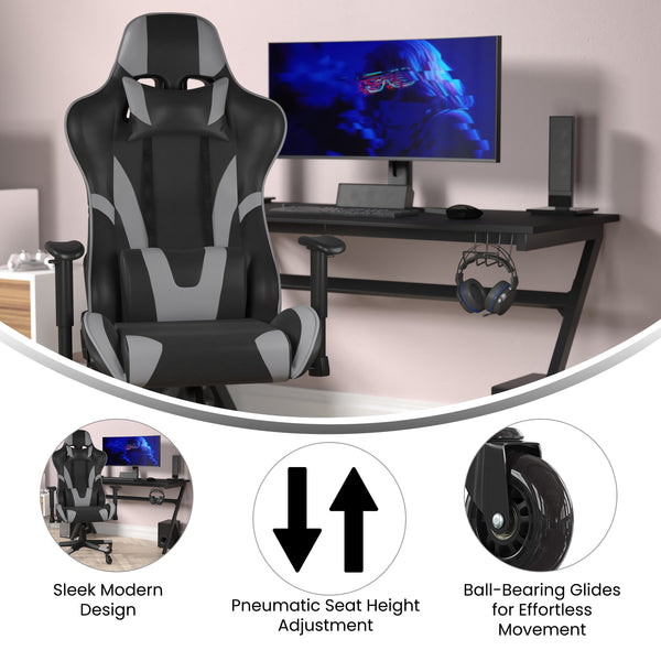 Gray |#| Office Gaming Chair with Roller Wheels & Reclining Back - Gray LeatherSoft