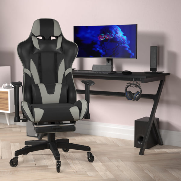 Gray |#| Gaming Chair with Roller Wheels, Reclining Arms, Footrest-Gray LeatherSoft