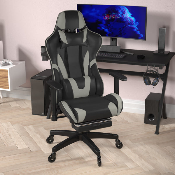 Gray |#| Gaming Chair with Roller Wheels, Reclining Arms, Footrest-Gray LeatherSoft