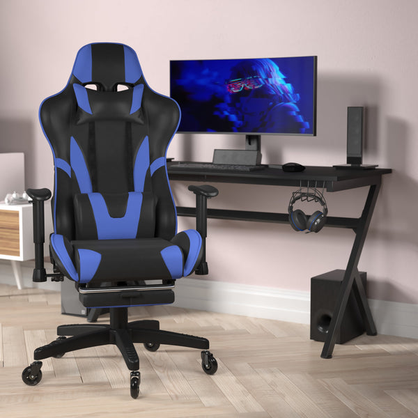 Blue |#| Gaming Chair with Roller Wheels, Reclining Arms, Footrest-Blue LeatherSoft
