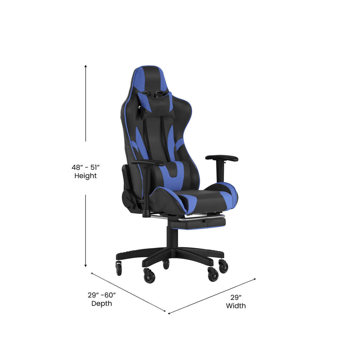 Blue |#| Gaming Chair with Roller Wheels, Reclining Arms, Footrest-Blue LeatherSoft