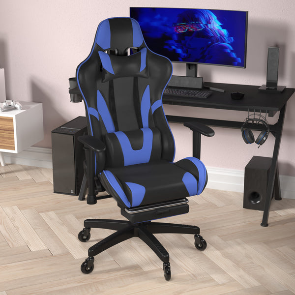 Blue |#| Gaming Chair with Roller Wheels, Reclining Arms, Footrest-Blue LeatherSoft