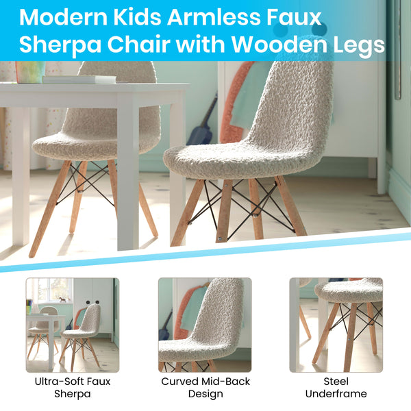 Off-White |#| Kids Armless Off-White Faux Shearling Chair with Beechwood Legs
