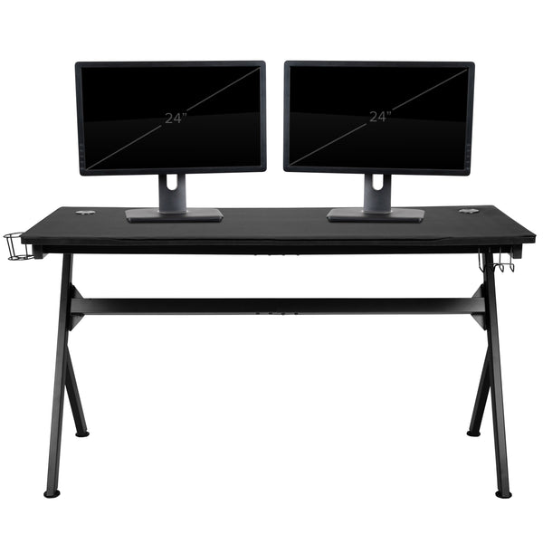 Black Gaming Desk and Chair With Massage and Slide-Out Footrest, Headrest Pillow