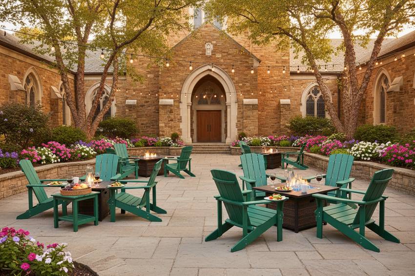 Adirondack Chairs & Fire Pit Tables Church Courtyard Multiple Groupings