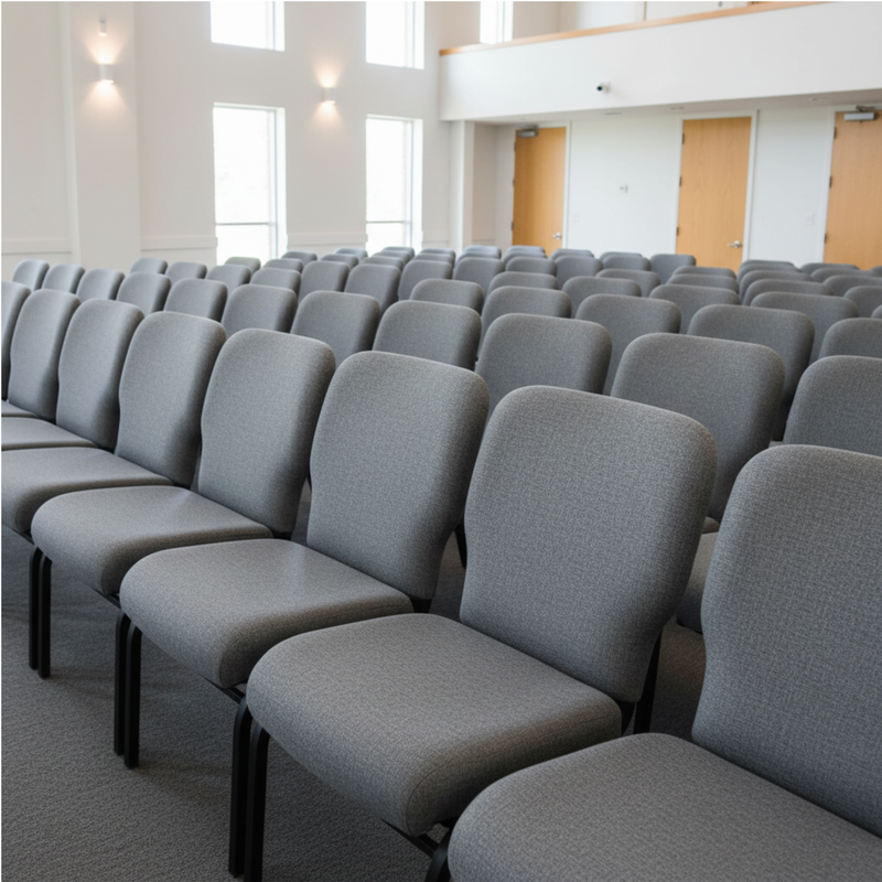 Rows of gray fabric lecture or meeting chairs arranged in an indoor auditorium or conference hall with white walls, windows, and wooden doors in the background.