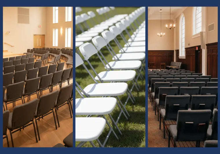 Tri image of three different chairs in use in sanctuary, outdoor space and event hall