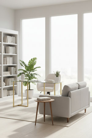 Church office with desk, bookshelf and visitor seating