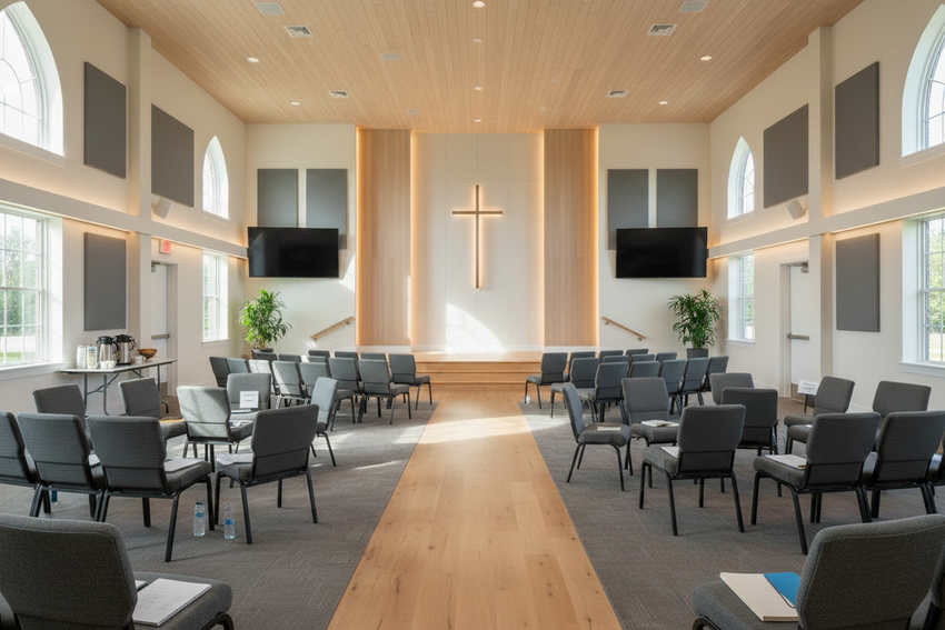 Large room with rows of chairs and a cross on the wall, likely a church or meeting hall.