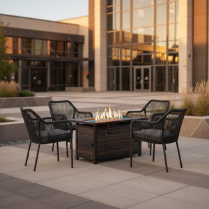 Four Kallie Club Chairs around Olympia Fire Pit - Mega Church Courtyard Golden Hour