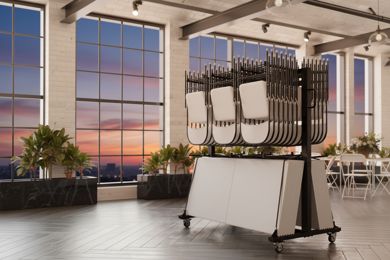 Chair and table dolly loaded with chairs and tables in an event space