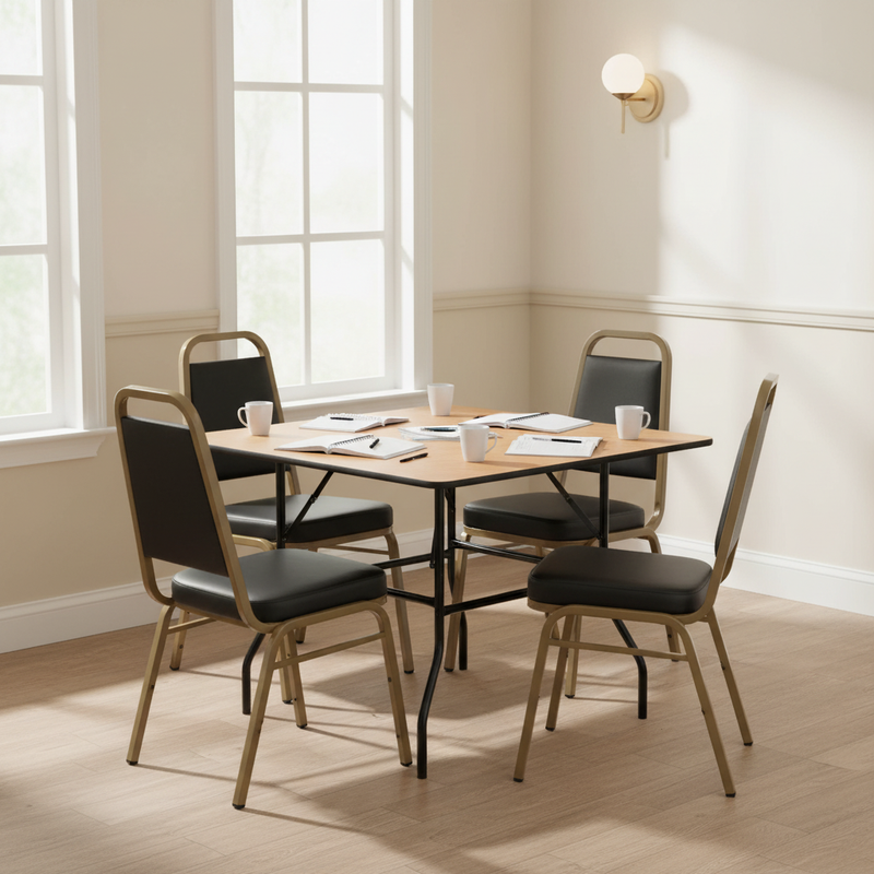 HERCULES Banquet Chairs & Square Wood Table Against Wall Fellowship Hall
