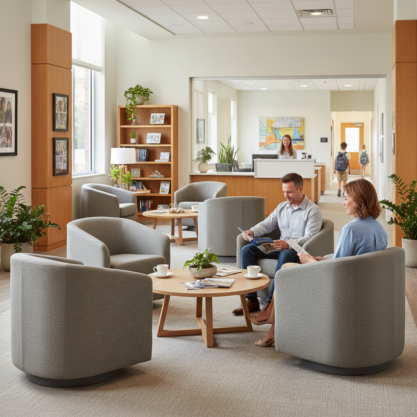 Landon Barrel Swivel Chair Light Gray — Christian School Admissions Lobby