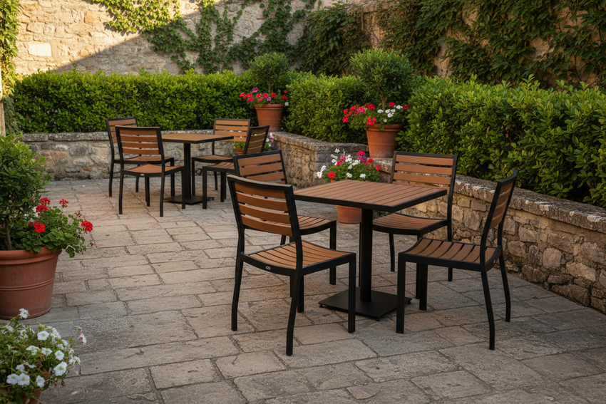Lark Outdoor Bistro Dining Sets - Courtyard Wide Shot