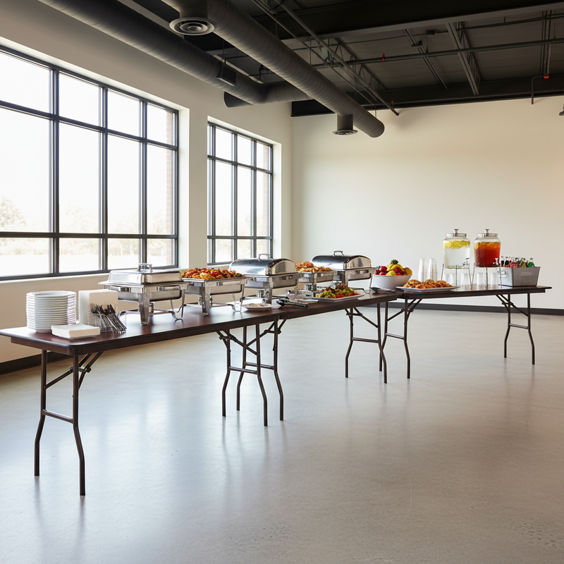 Mahogany Laminate Tables Buffet Line Modern Community Space No Tablecloths