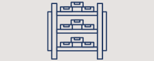 Icon of a three-tiered shelf with blue items on a light gray background